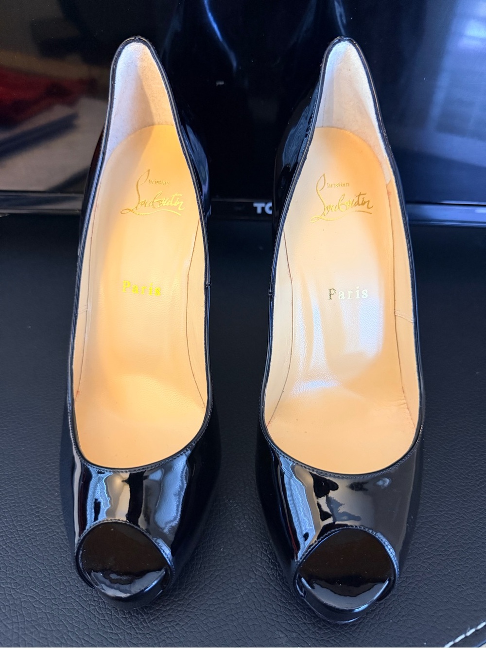 Christian Louboutin Black Patent Peep-Toe Pumps